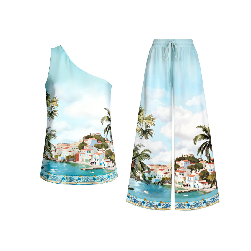 Coastal Town Print One-Shoulder Pant Set