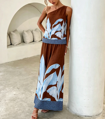 Brown Base Blue Leaf One-Shoulder Pant Set