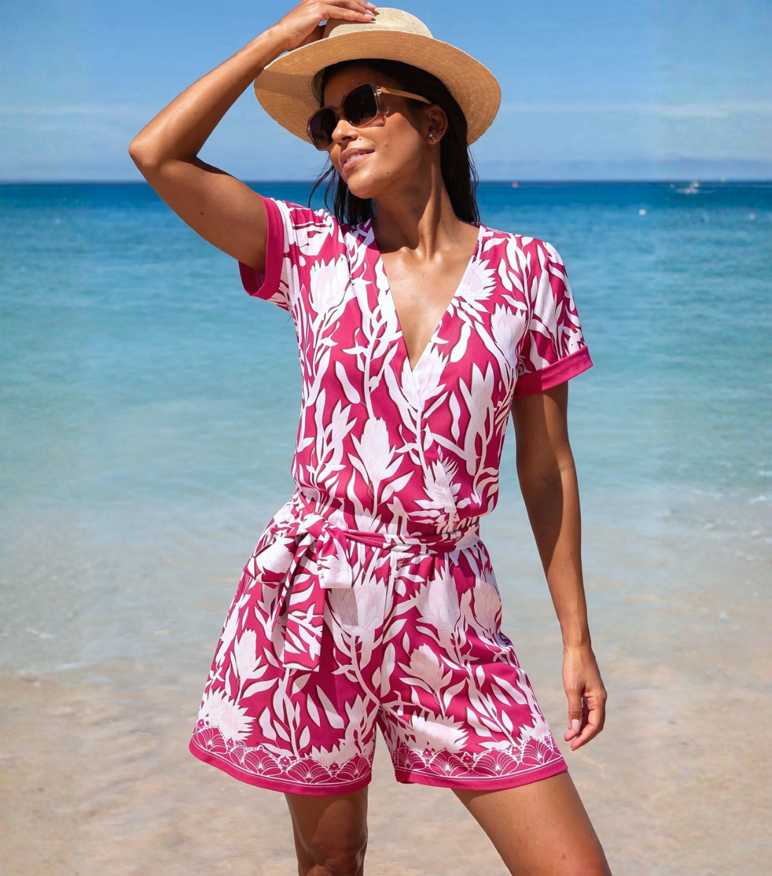 Pink Block Print Wrap Romper