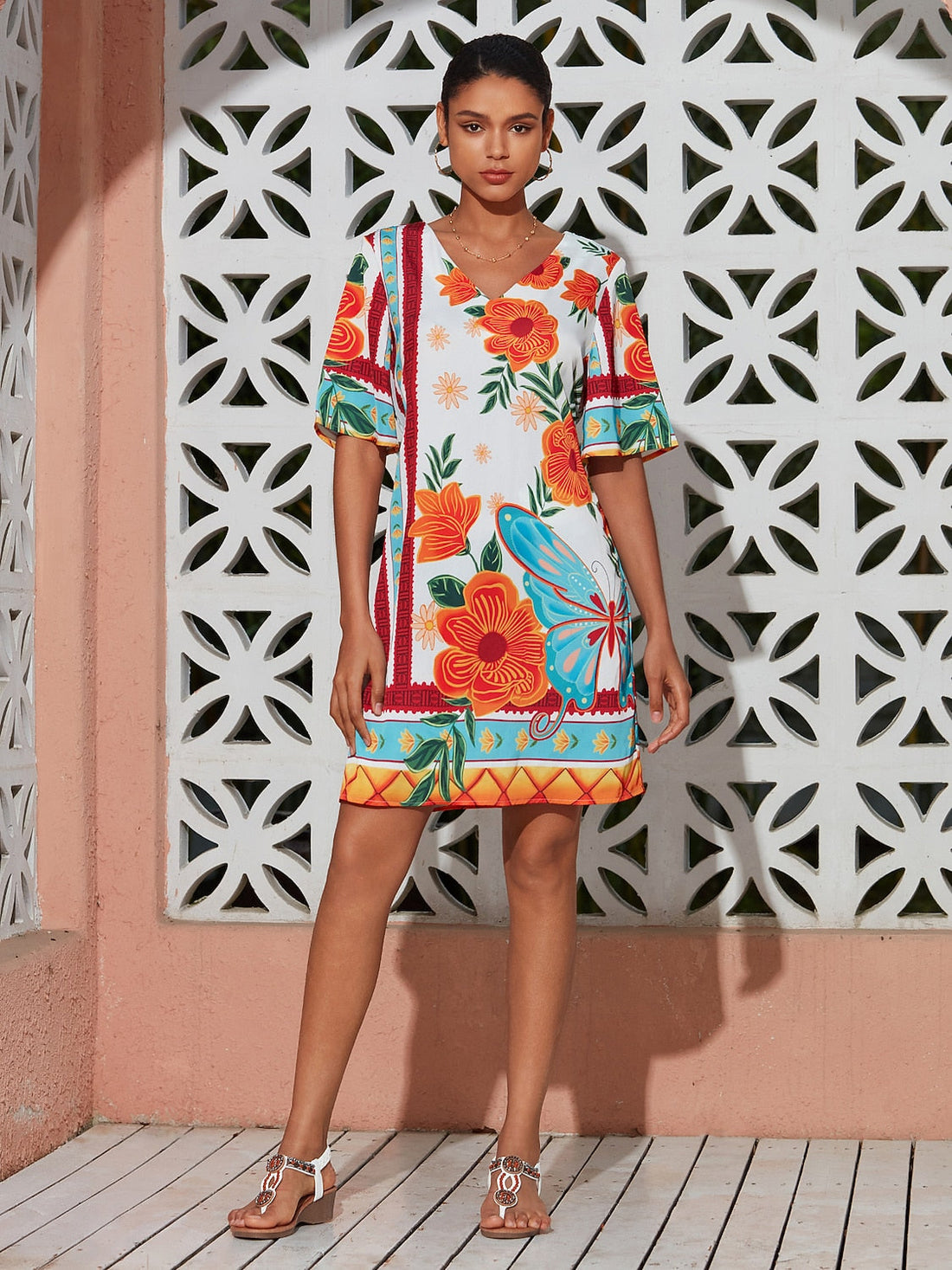 Vacation Print Satin Short Sleeves Mini Dress