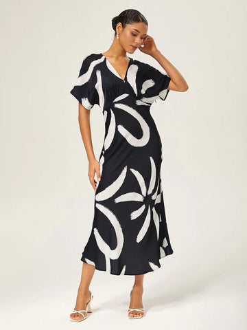 Abstract Floral Print Satin Maxi Dress