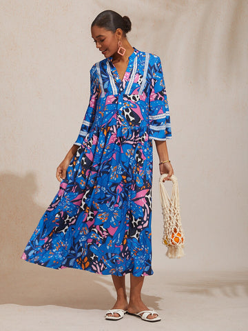 Abstract Azure Silky Satin Dot Maxi Dress
