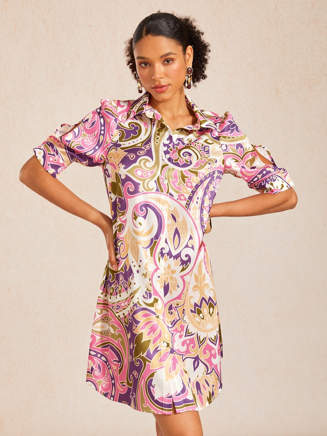 Lavender Paisley Flora Silky Satin Shirt Dress