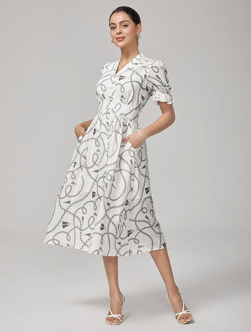 Chain Print Smocked Back Corset Midi Dress
