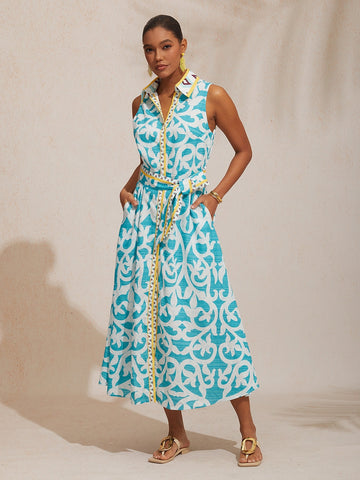 Geometric Effortless Linen-Style Shirt Dress