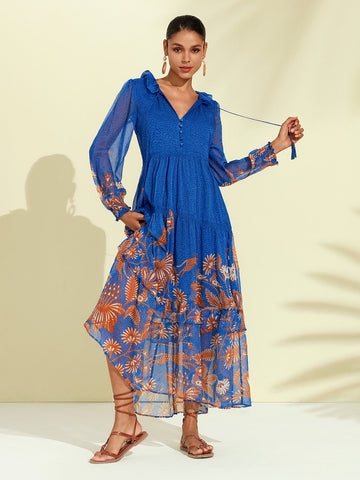 Chiffon Tropical Flowers Puff Sleeve Maxi Dress