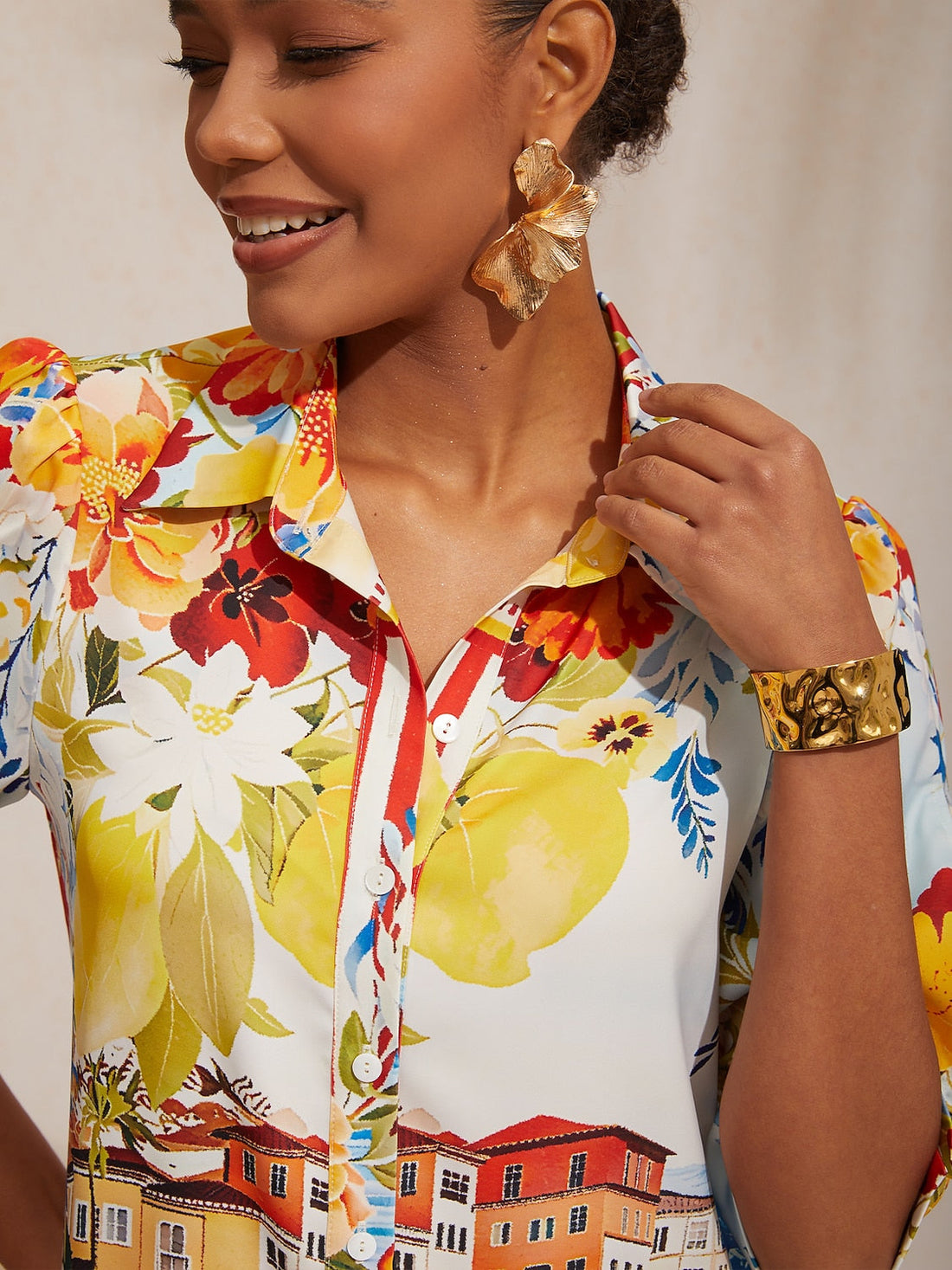 Santorini Summer Silky Scenic Floral Shirt Dress