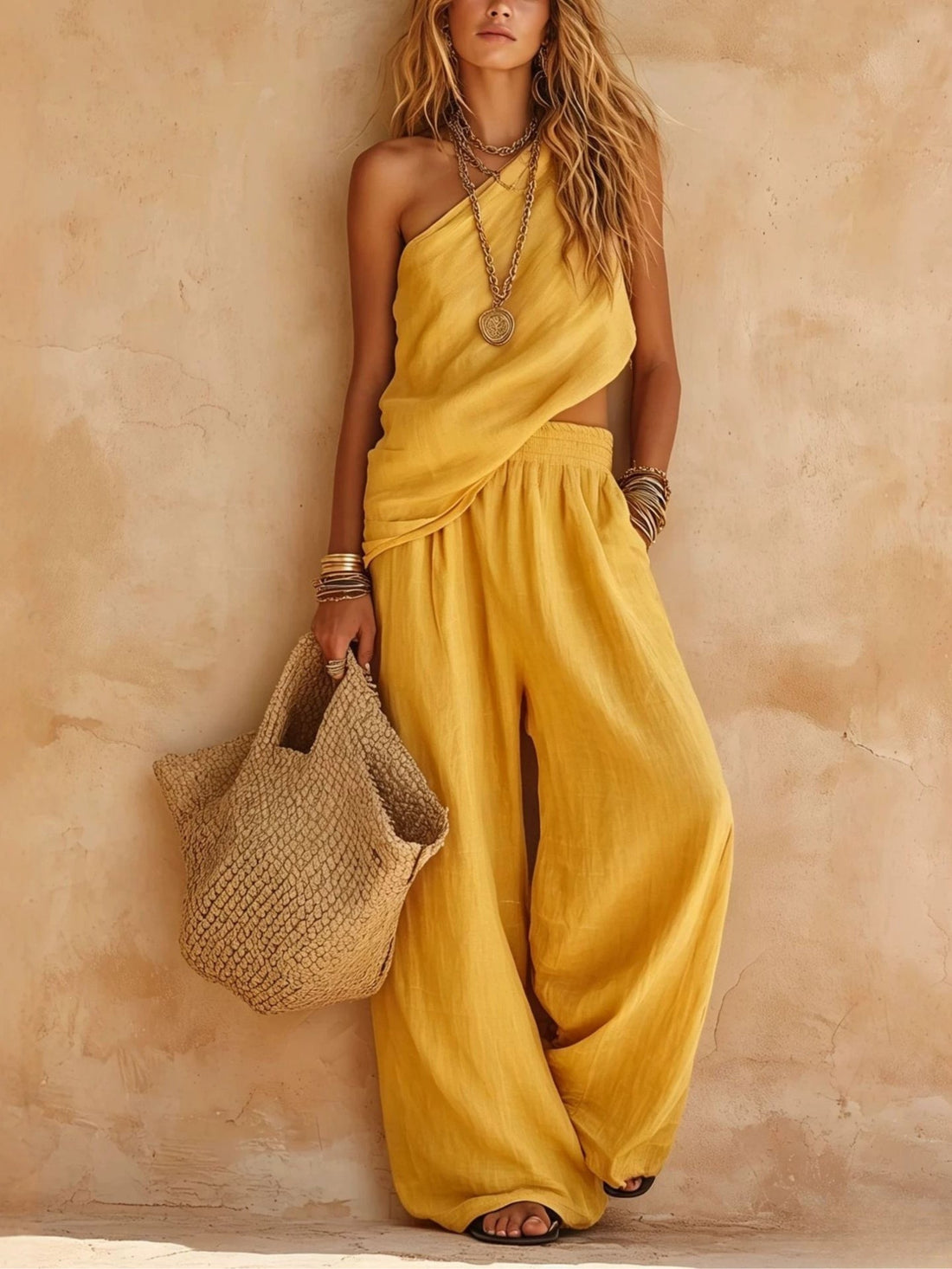 One-shoulder Sleeveless Top And Pants Casual Set