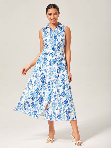 Monochrome Print Linen Like Shirt Midi  Dress