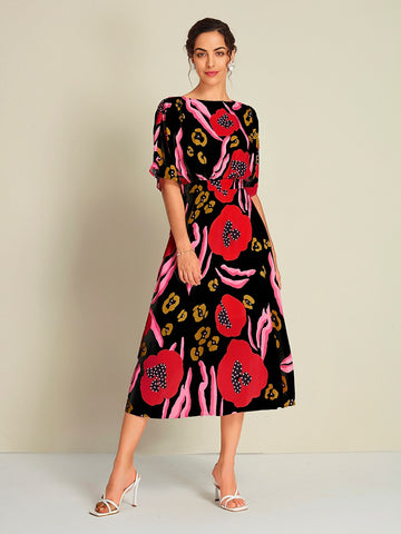 Floral Elastic Waist Half Sleeve Midi Dress