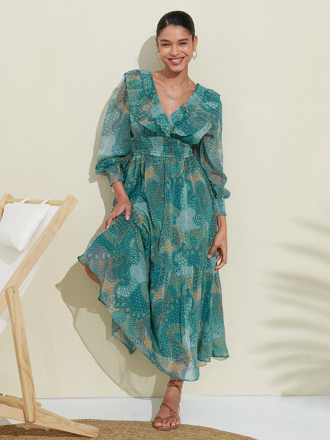 Floral Chiffon Tropical Flowers Puff  Sleeve Maxi Dress