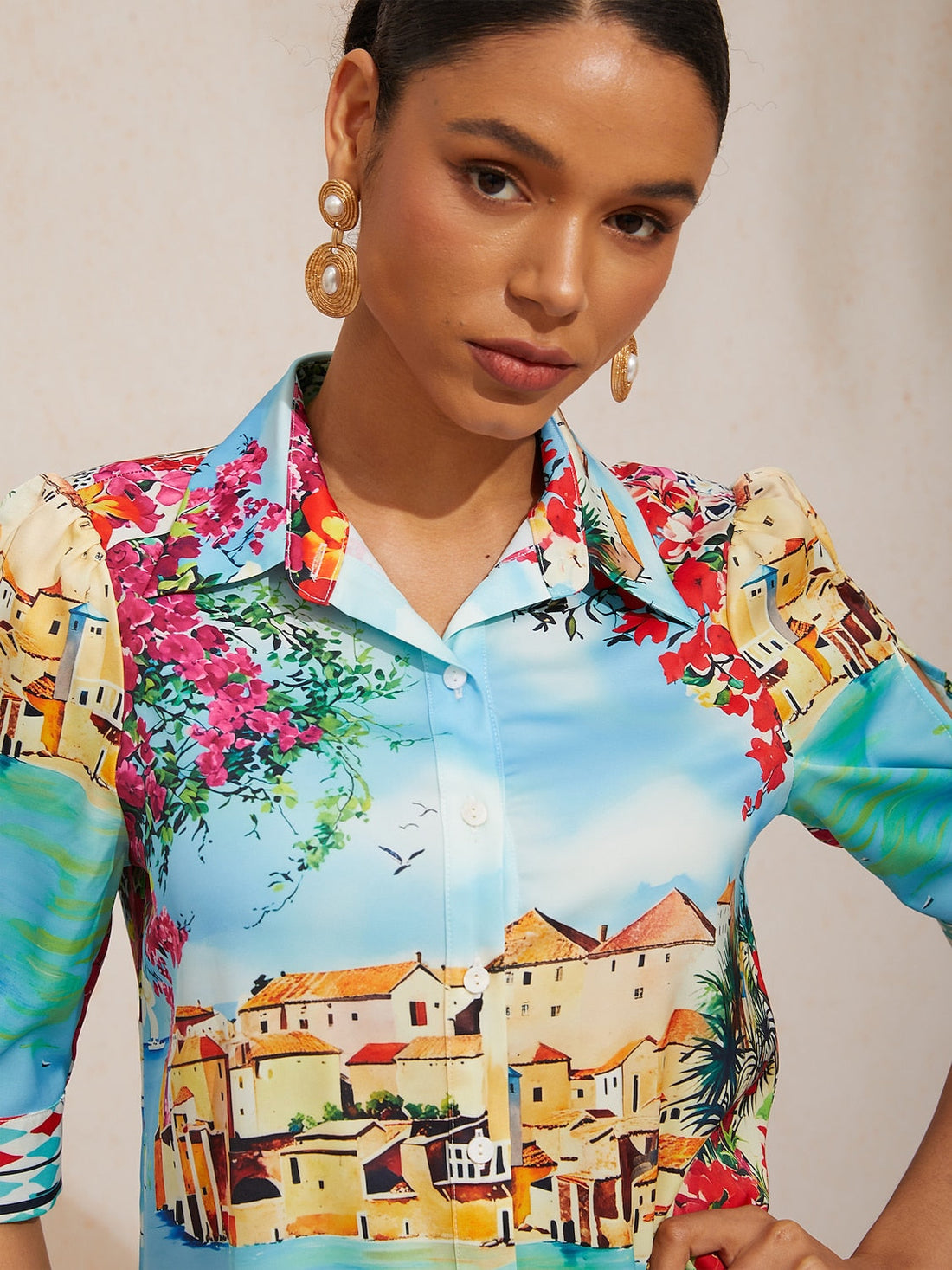 Mallorca Blossom Silky Satin Straight Shirt Dress