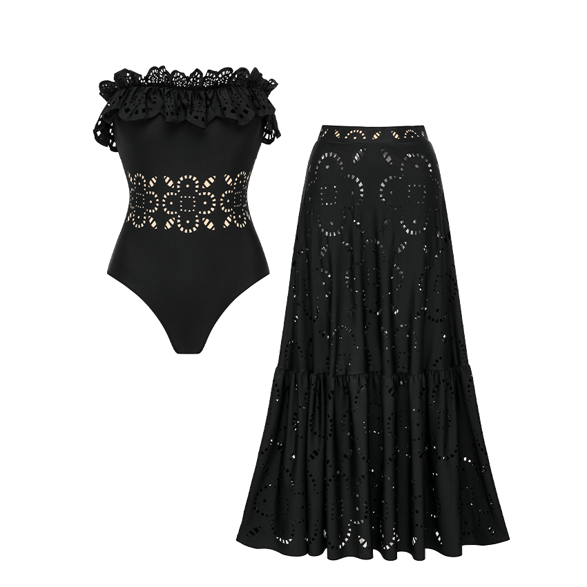 Ruffle Black Laser Cutting Flower Hollow Swimsuit Set(s)