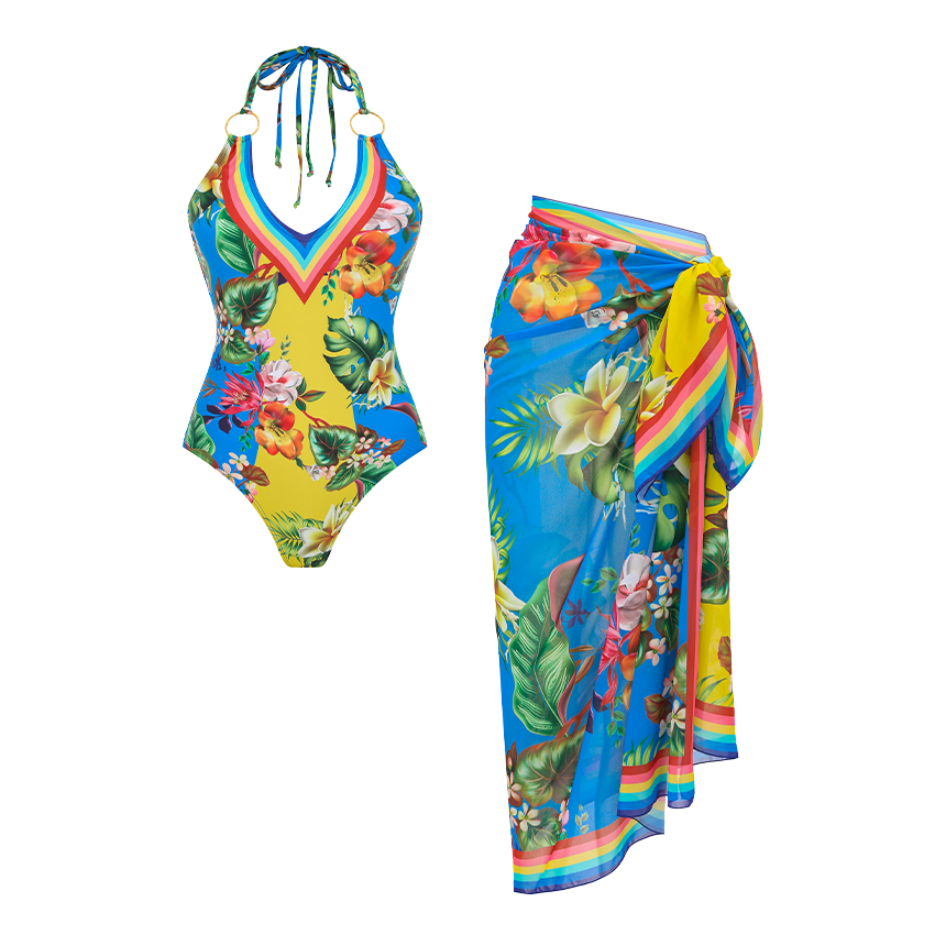 V Neck Color Block Printed Swimsuit Set(s)
