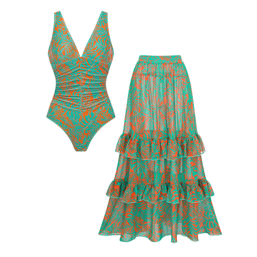 V Neck Color Block Printed Swimsuit Set(s)