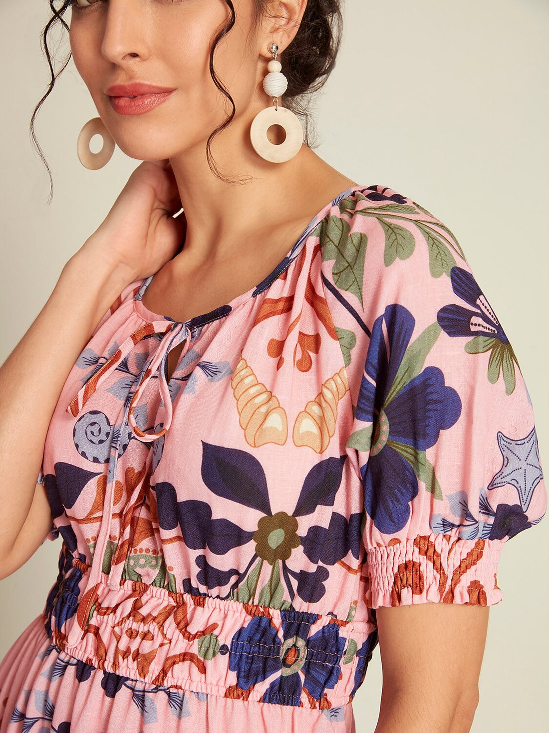 Floral Print Lace Up Short Midi Dress