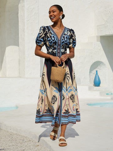 Summer Night Palm Linen-Style A-Line Dress