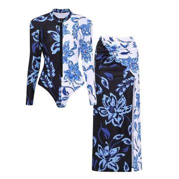 Color Block Printed Long Sleeve One Piece Surf Swimsuit and Skirt
