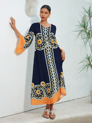 Satin Folk Print Maxi Dress