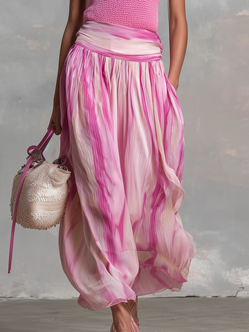 Casual And Flowy Striped Printed Chiffon Long Skirt