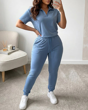 Women's 2-Piece Sporty Set Short Sleeve Half Zip Top and High Waisted Joggers Casual Lounge Outfit with Pockets