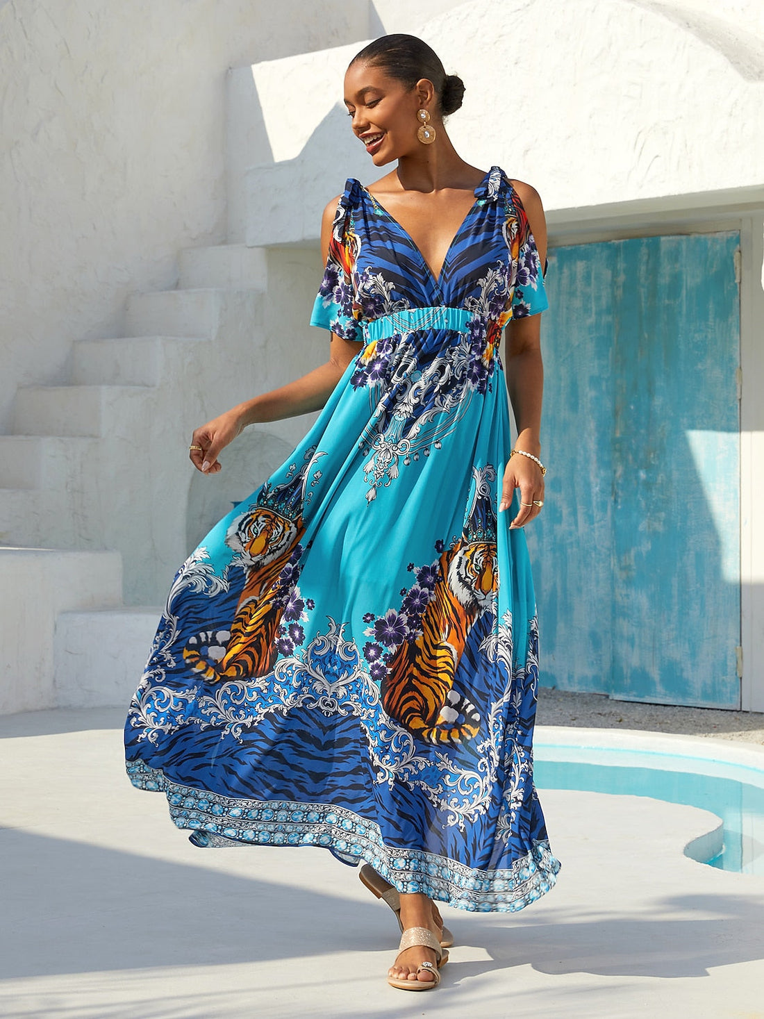 Indigo Tigress Flowy Chiffon Vacation  Maxi Dress