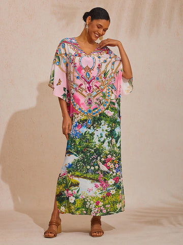 Pink Jungle Party Flowy Chiffon Diamond Maxi Dress