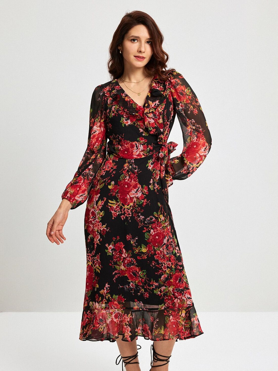 Chiffon Floral Print Adjustable Waist Maxi Dress