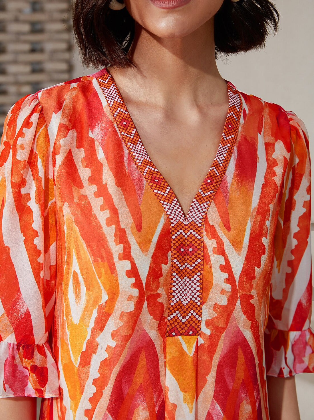 Chiffon Ethnic Print Midi V-Neck Dress
