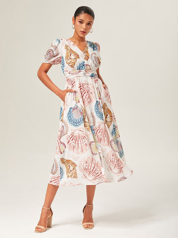 Linen-Like Seashell Print Smocked Midi Dress