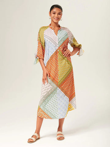 Colorful Print Tie Shirt Maxi Dress
