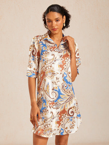 Royal Paisley Flora Silky Satin Shirt Dress