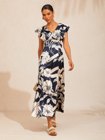 Golden Petal Silky Satin Maxi Dress